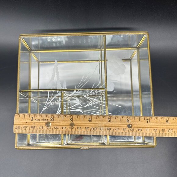 Vintage Glass Mirrored Jewelry Box Brass Etched Floral Mexico Storage Vanity - Picture 12 of 13